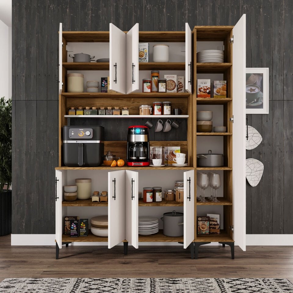 Kahve Köşesi Dolabı 9 Kapaklı Çok Amaçlı Saklama & Erzak Dolabı – Metal Ayaklı ve Metal Kulplu | Plain Pla9155 Ekru Ceviz