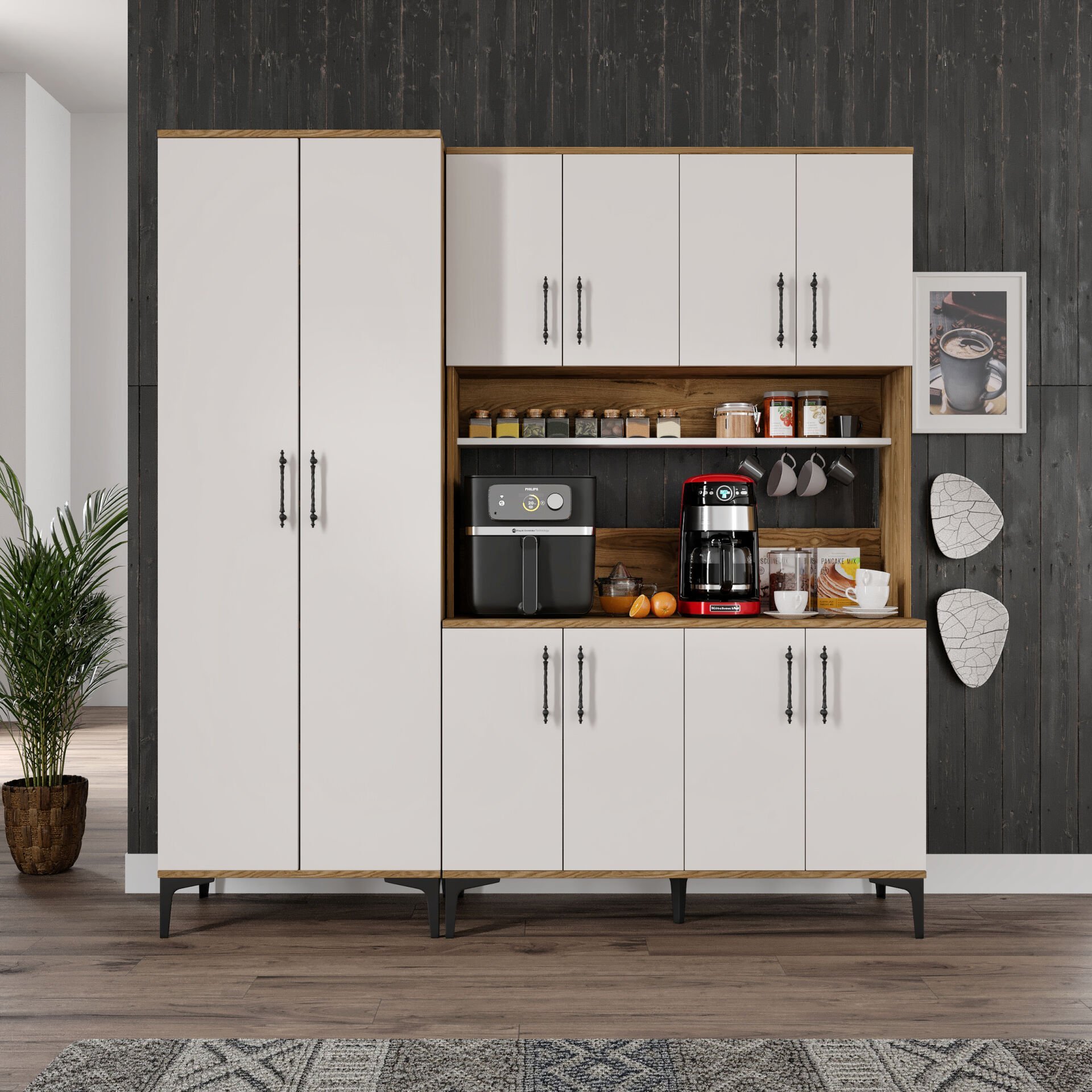 Kahve Köşesi Dolabı 10 Kapaklı Çok Amaçlı Saklama & Erzak Dolabı – Metal Ayaklı ve Metal Kulplu | Plain Pla10190 Ekru Ceviz