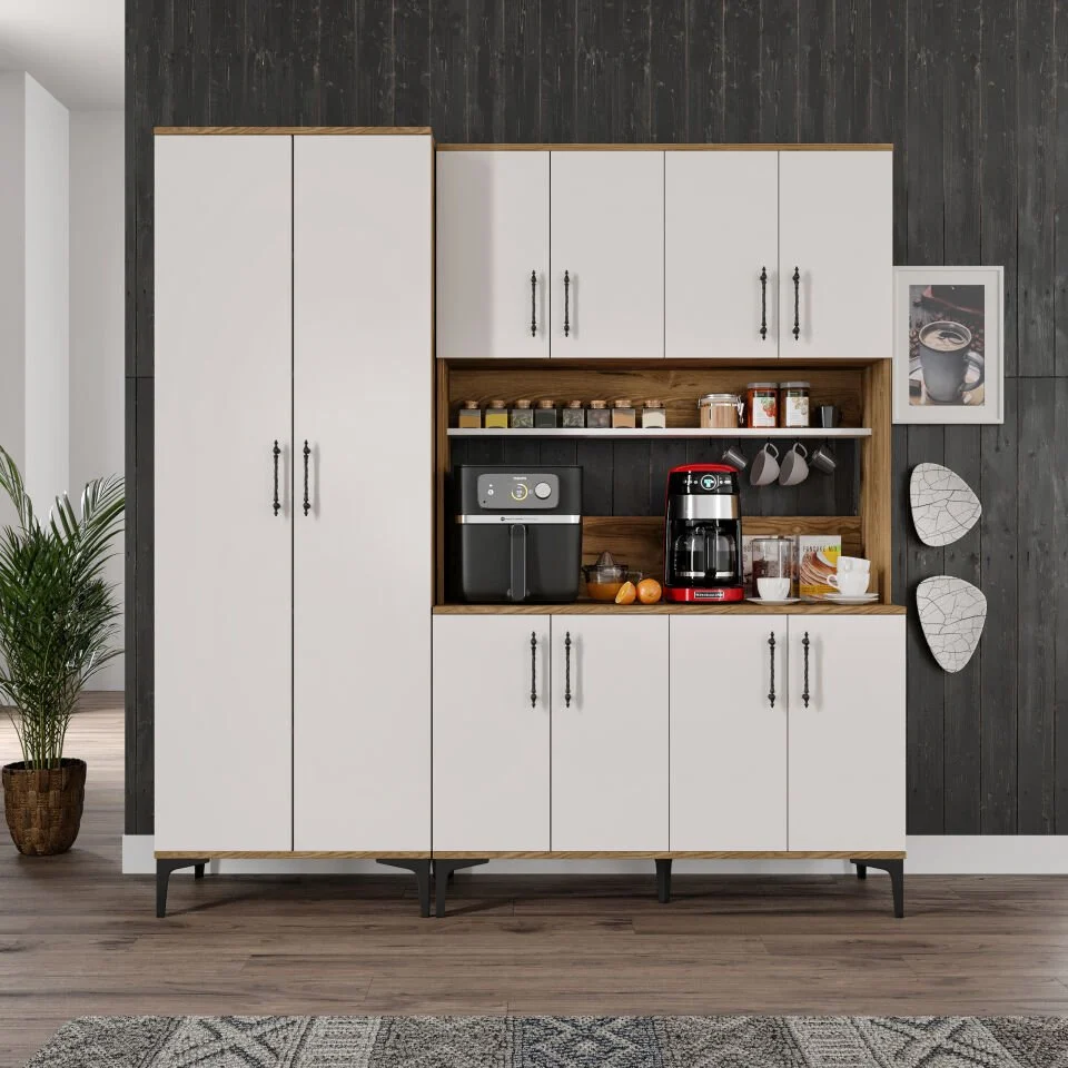 Kahve Köşesi Dolabı 10 Kapaklı Çok Amaçlı Saklama & Erzak Dolabı – Metal Ayaklı ve Metal Kulplu | Plain Pla10190 Ekru Ceviz