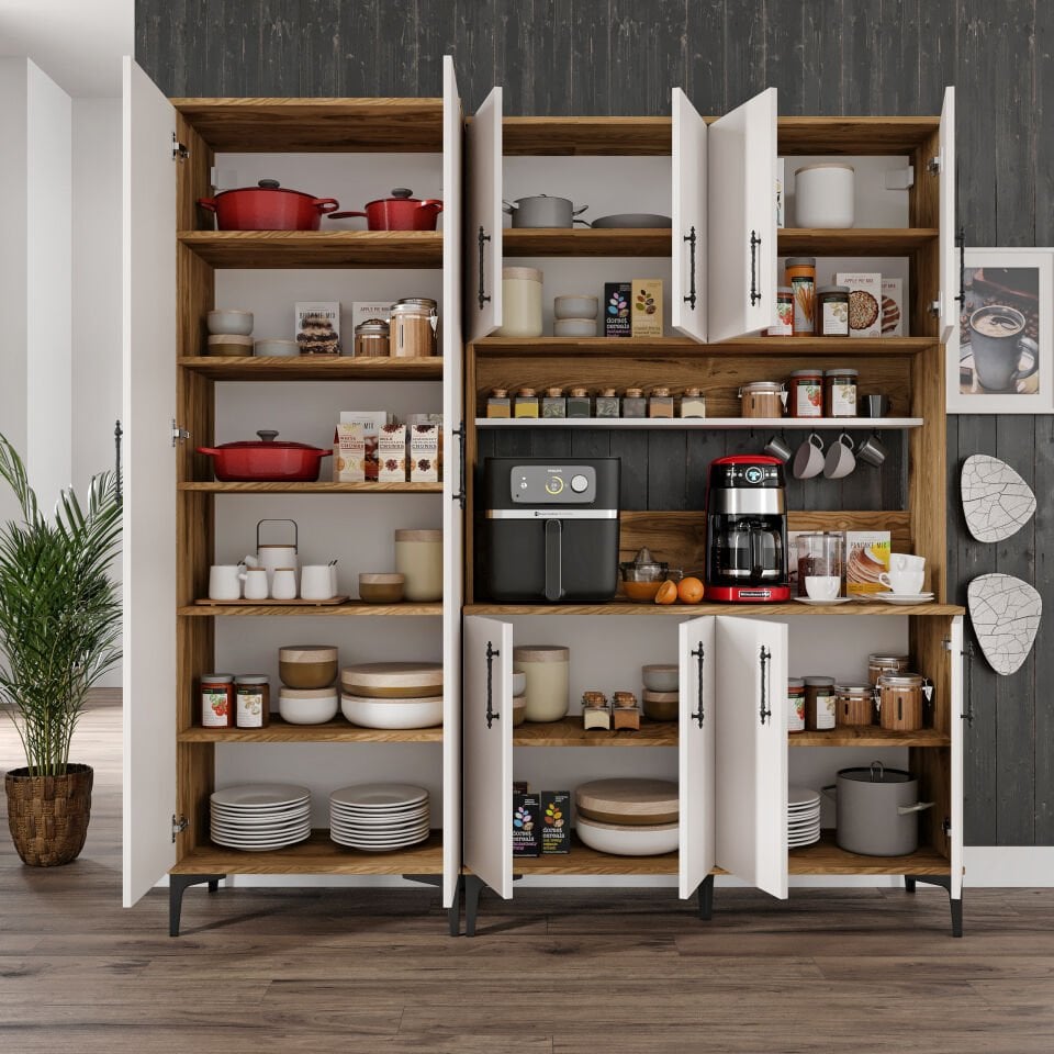 Kahve Köşesi Dolabı 10 Kapaklı Çok Amaçlı Saklama & Erzak Dolabı – Metal Ayaklı ve Metal Kulplu | Plain Pla10190 Ekru Ceviz