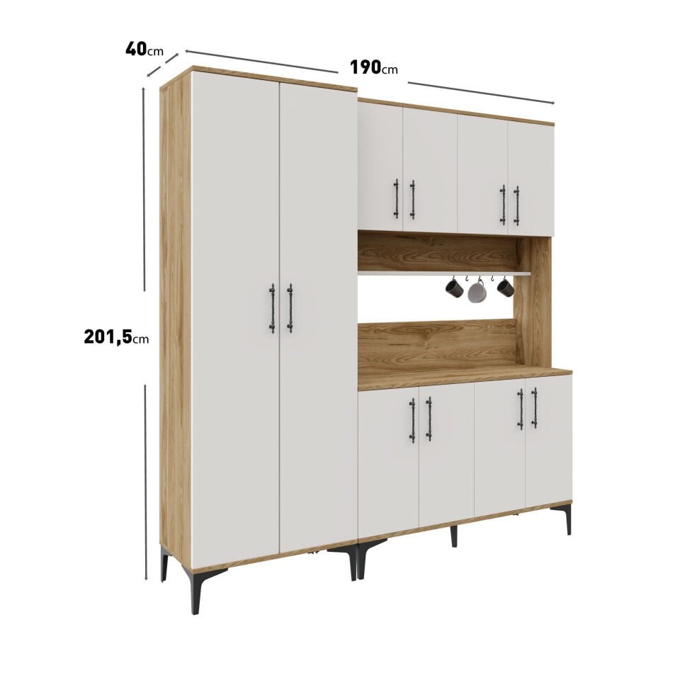 Kahve Köşesi Dolabı 10 Kapaklı Çok Amaçlı Saklama & Erzak Dolabı – Metal Ayaklı ve Metal Kulplu | Plain Pla10190 Ekru Ceviz