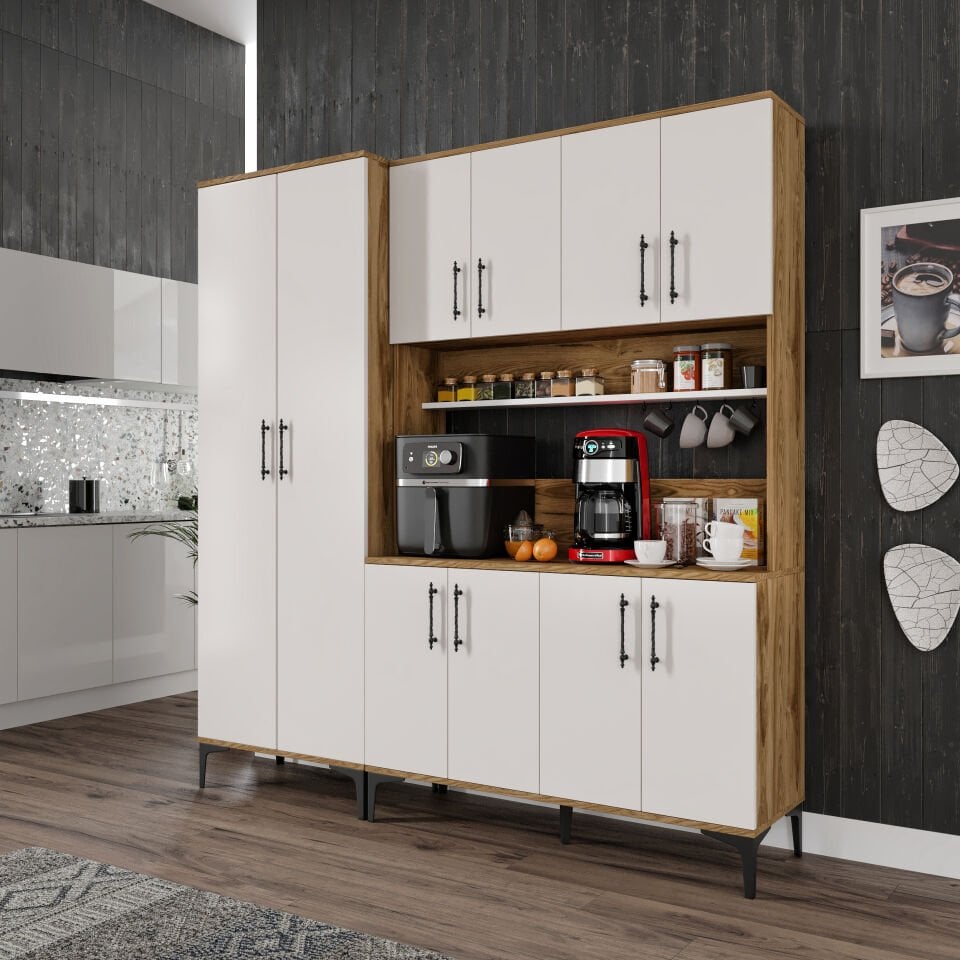 10 kapaklı ekru ceviz kahve istasyonu dolabı ve modern tasarım