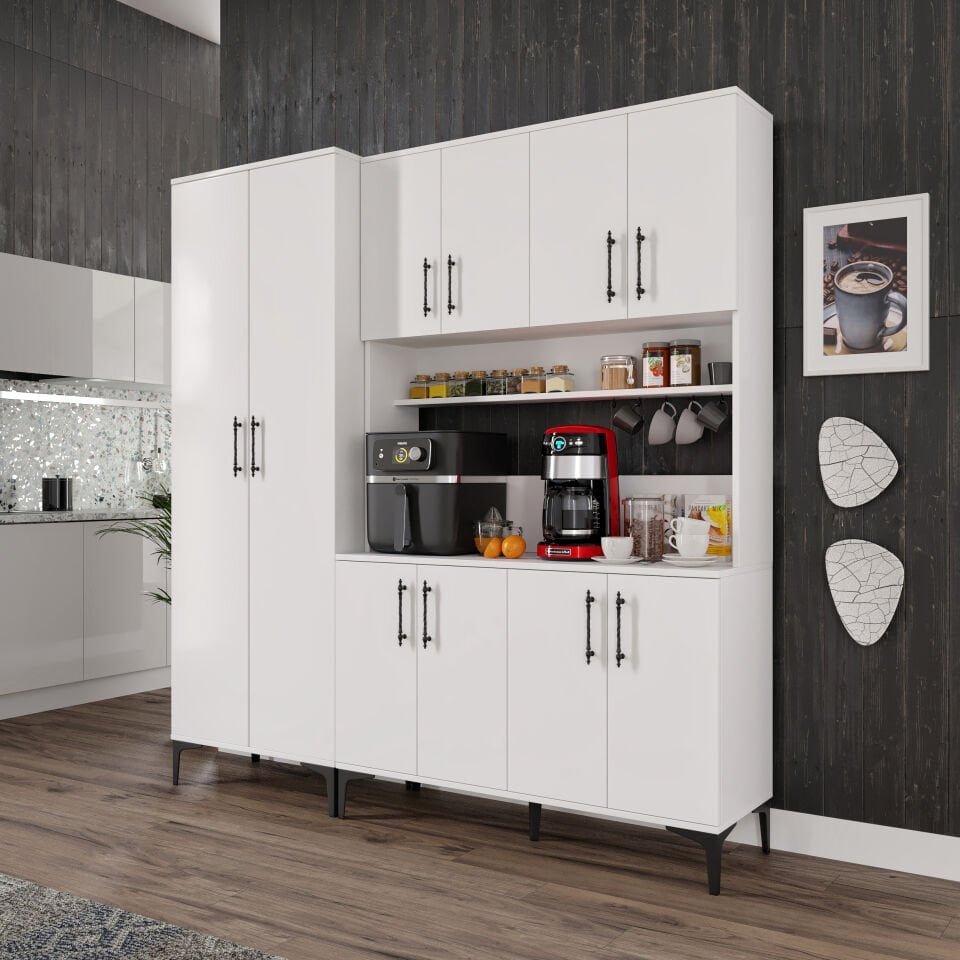 Kahve Köşesi Dolabı 10 Kapaklı Çok Amaçlı Saklama & Erzak Dolabı – Metal Ayaklı ve Metal Kulplu | Plain Pla10190 Beyaz