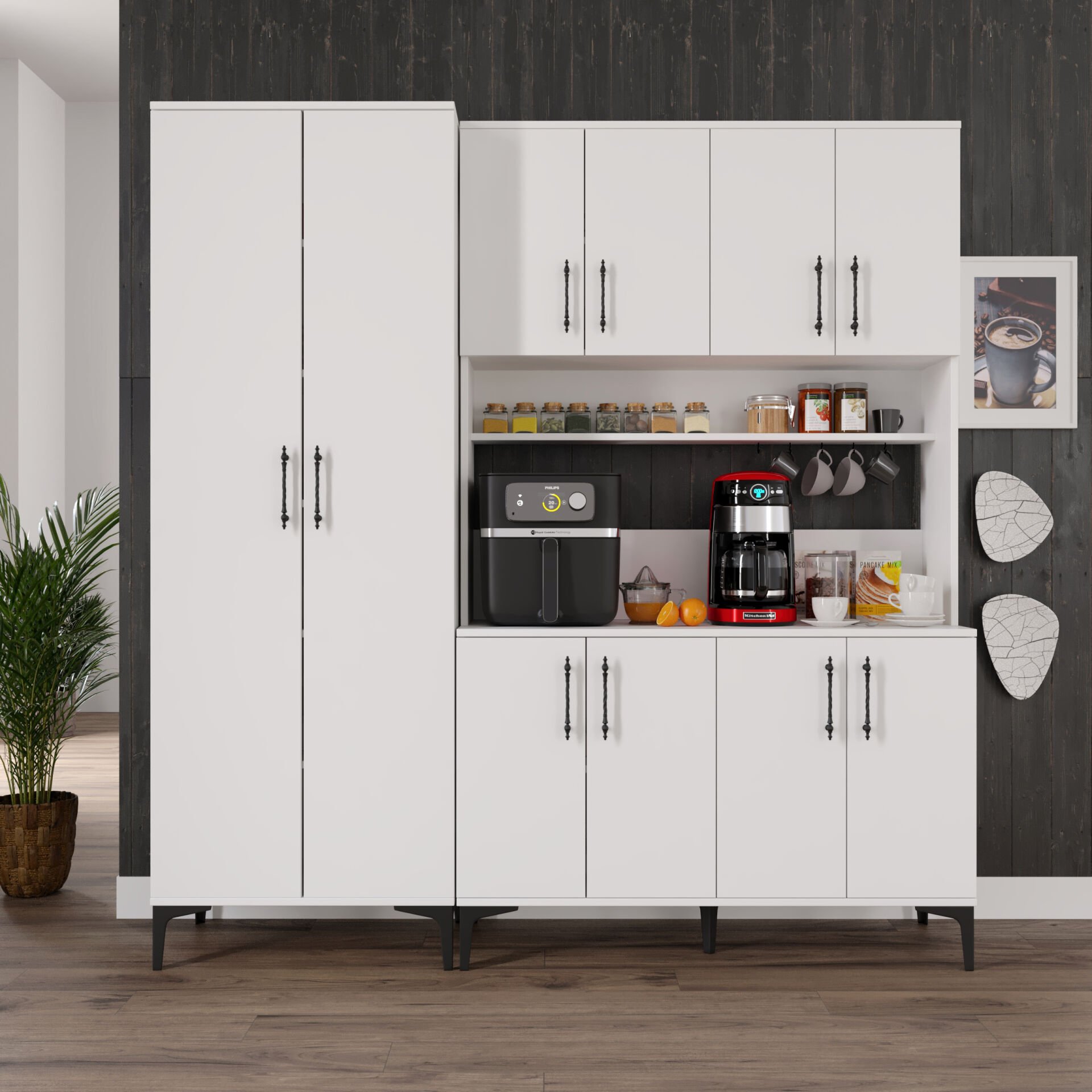 Kahve Köşesi Dolabı 10 Kapaklı Çok Amaçlı Saklama & Erzak Dolabı – Metal Ayaklı ve Metal Kulplu | Plain Pla10190 Beyaz