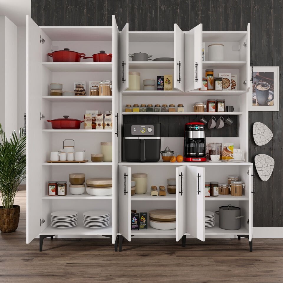 Kahve Köşesi Dolabı 10 Kapaklı Çok Amaçlı Saklama & Erzak Dolabı – Metal Ayaklı ve Metal Kulplu | Plain Pla10190 Beyaz