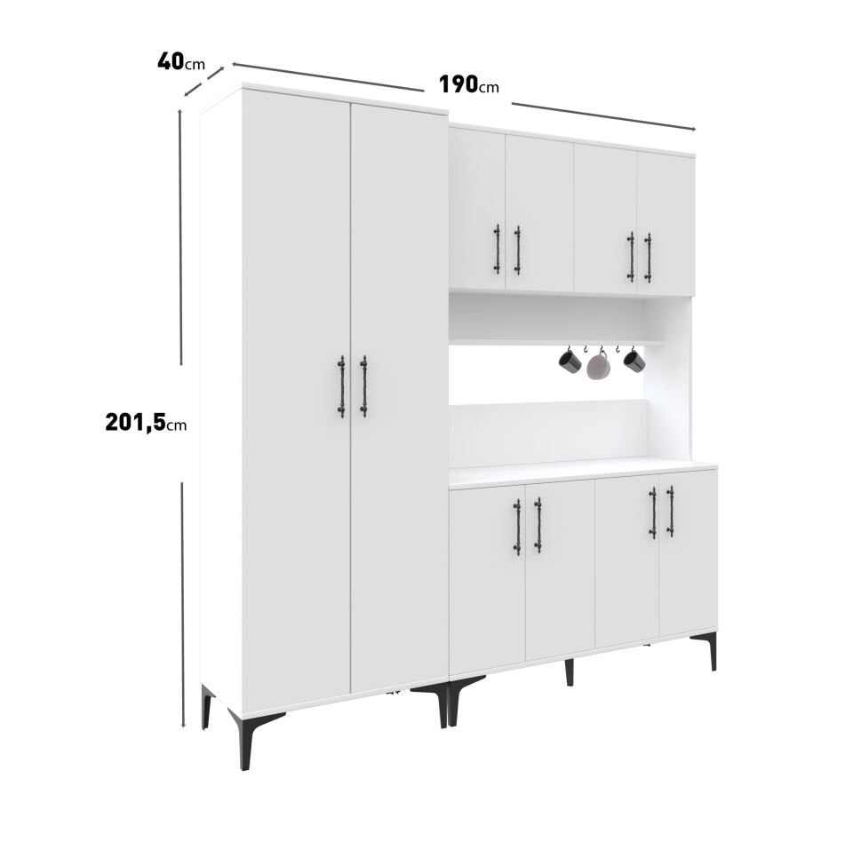 Kahve Köşesi Dolabı 10 Kapaklı Çok Amaçlı Saklama & Erzak Dolabı – Metal Ayaklı ve Metal Kulplu | Plain Pla10190 Beyaz