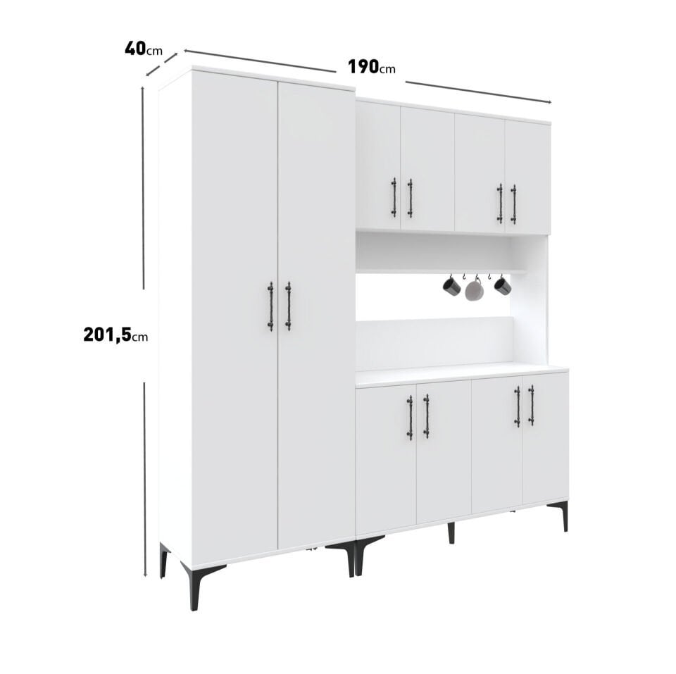 Şık ve fonksiyonel beyaz kahve köşesi dolabı, metal detaylı ayak ve kulplu tasarım