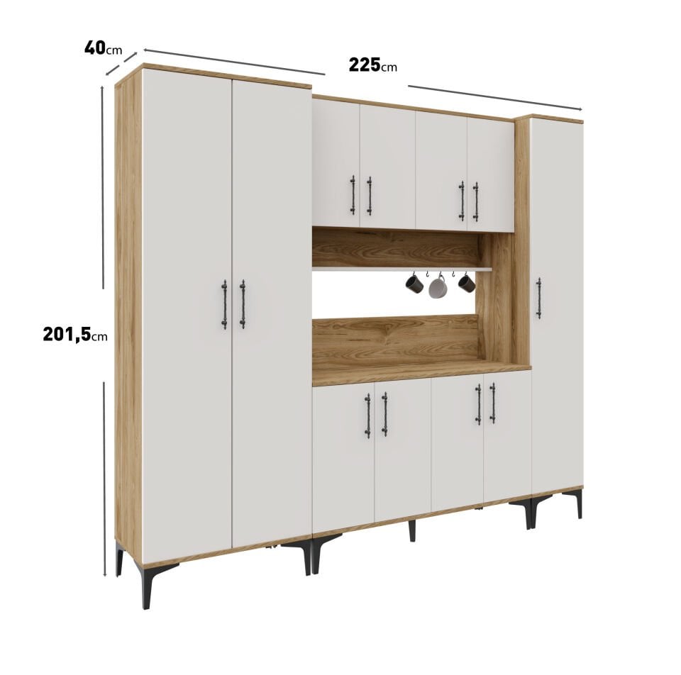 Kahve Köşesi Dolabı 11 Kapaklı Çok Amaçlı Saklama & Erzak Dolabı – Metal Ayaklı ve Metal Kulplu | Plain Pla11225 Ekru Ceviz