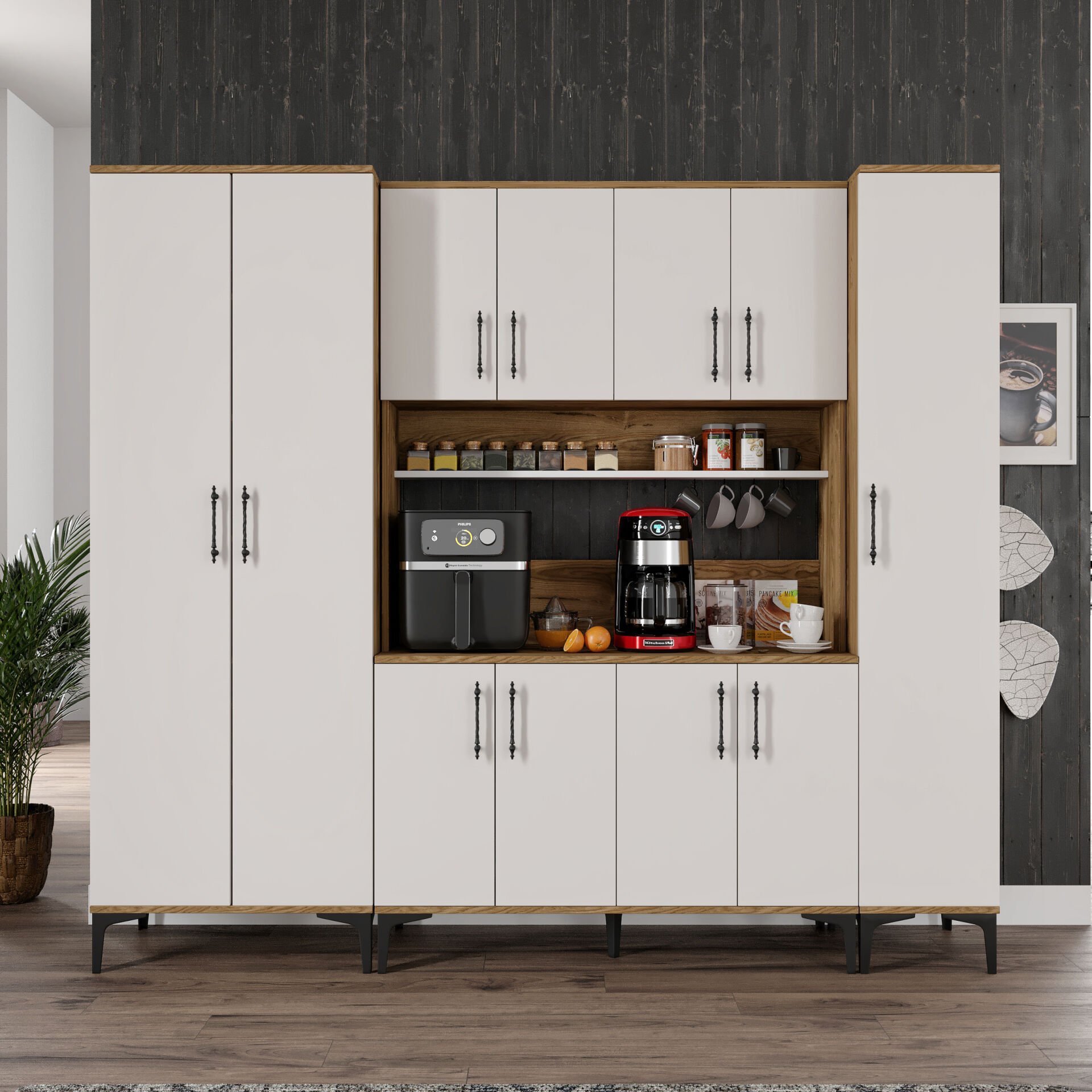 Kahve Köşesi Dolabı 11 Kapaklı Çok Amaçlı Saklama & Erzak Dolabı – Metal Ayaklı ve Metal Kulplu | Plain Pla11225 Ekru Ceviz