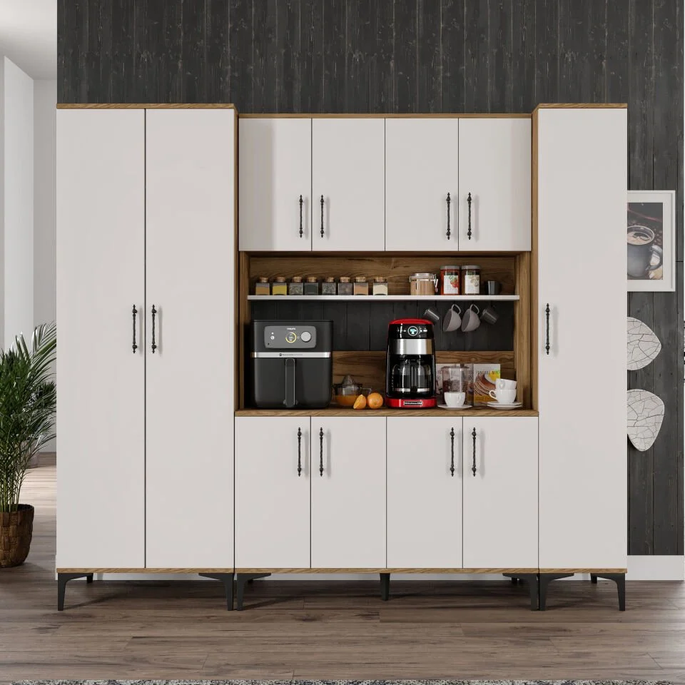 Kahve Köşesi Dolabı 11 Kapaklı Çok Amaçlı Saklama & Erzak Dolabı – Metal Ayaklı ve Metal Kulplu | Plain Pla11225 Ekru Ceviz