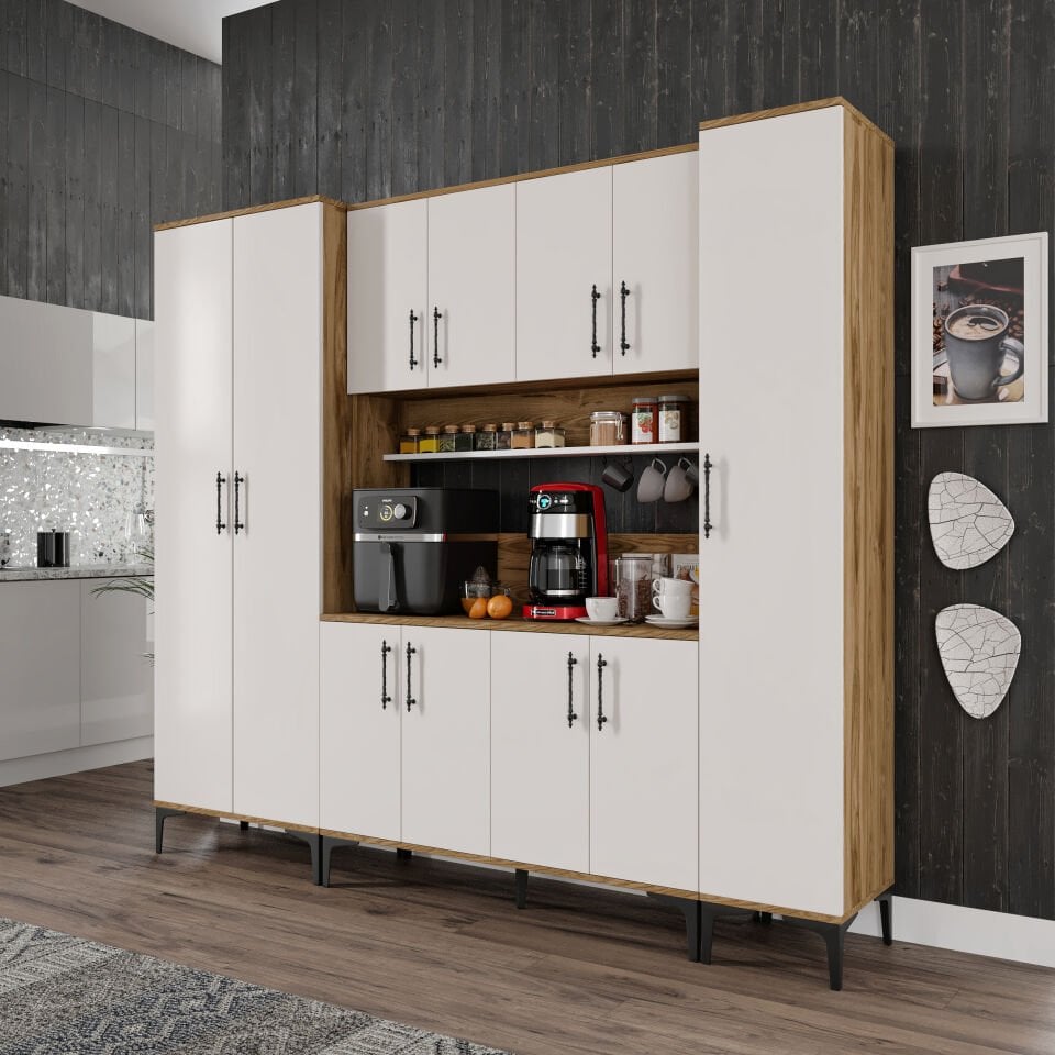 Kahve Köşesi Dolabı 11 Kapaklı Çok Amaçlı Saklama & Erzak Dolabı – Metal Ayaklı ve Metal Kulplu | Plain Pla11225 Ekru Ceviz