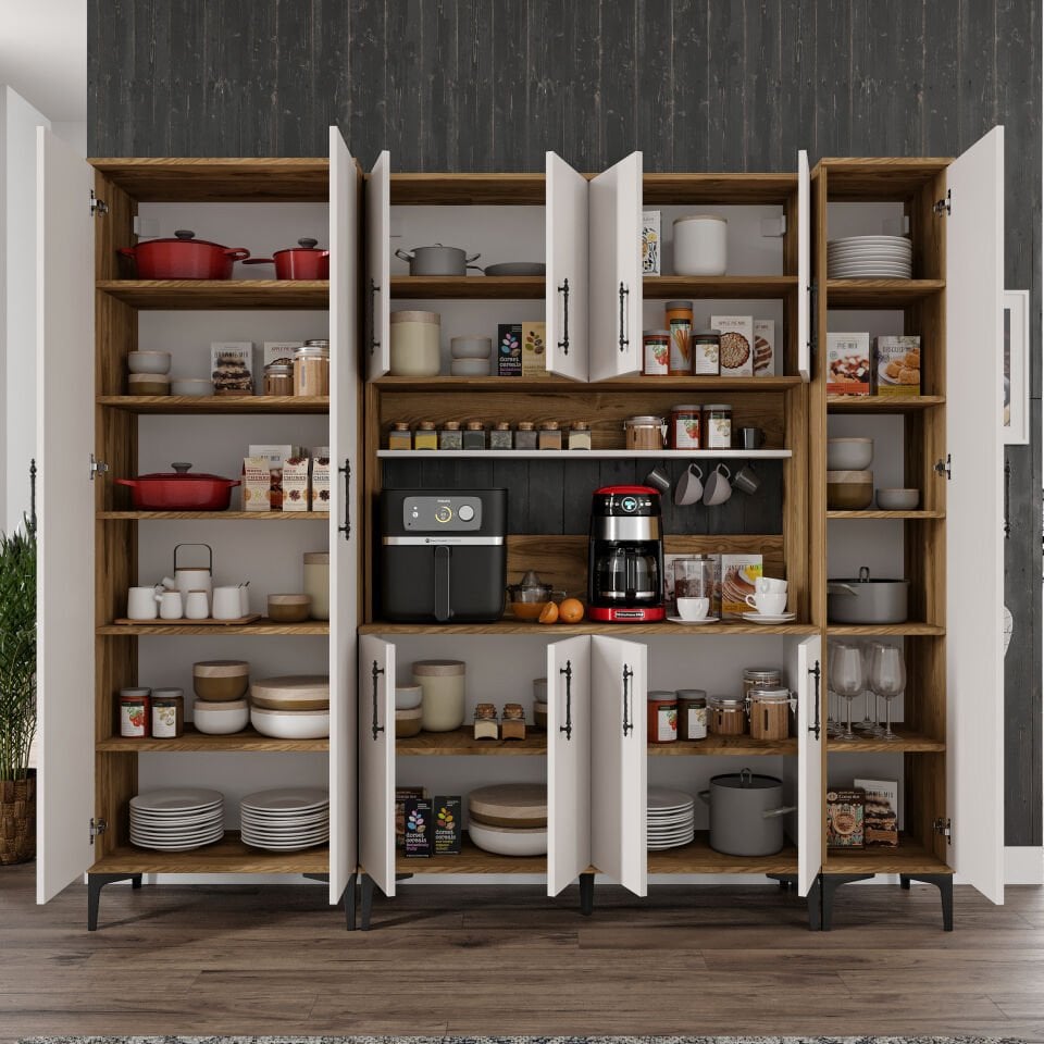 Kahve Köşesi Dolabı 11 Kapaklı Çok Amaçlı Saklama & Erzak Dolabı – Metal Ayaklı ve Metal Kulplu | Plain Pla11225 Ekru Ceviz