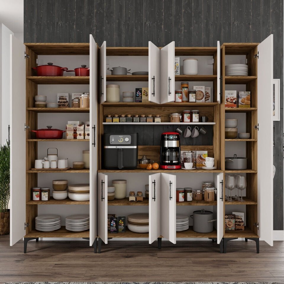 Ekru ceviz kahve köşesi dolabı erzak ve çok amaçlı saklama çözümü