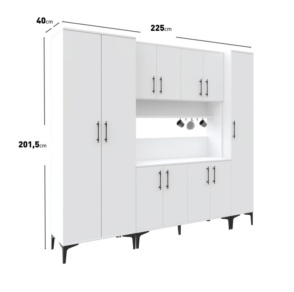Kahve Köşesi Dolabı 11 Kapaklı Çok Amaçlı Saklama & Erzak Dolabı – Metal Ayaklı ve Metal Kulplu | Plain Pla11225 Beyaz
