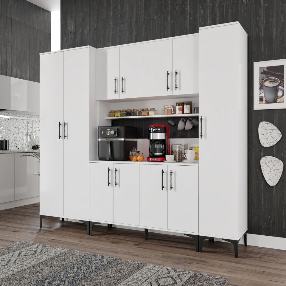 Kahve Köşesi Dolabı 11 Kapaklı Çok Amaçlı Saklama & Erzak Dolabı – Metal Ayaklı ve Metal Kulplu | Plain Pla11225 Beyaz