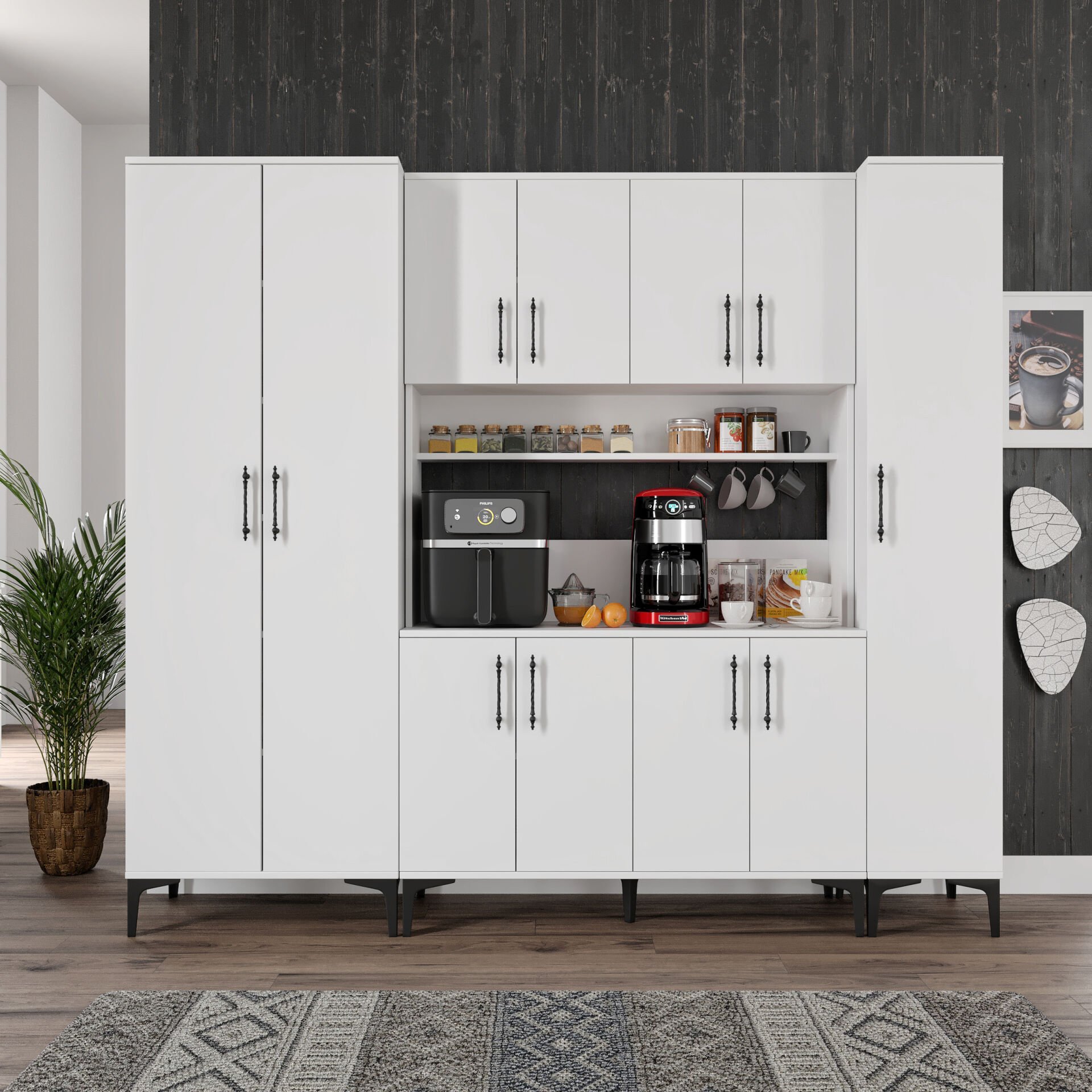 Kahve Köşesi Dolabı 11 Kapaklı Çok Amaçlı Saklama & Erzak Dolabı – Metal Ayaklı ve Metal Kulplu | Plain Pla11225 Beyaz