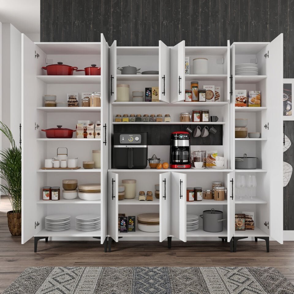 Kahve Köşesi Dolabı 11 Kapaklı Çok Amaçlı Saklama & Erzak Dolabı – Metal Ayaklı ve Metal Kulplu | Plain Pla11225 Beyaz