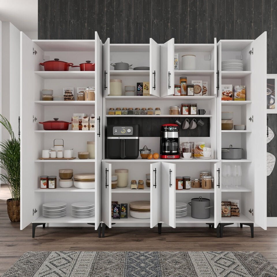 Beyaz kahve köşesi dolabı, 11 kapaklı çok amaçlı kullanım ve dayanıklı metal ayaklar