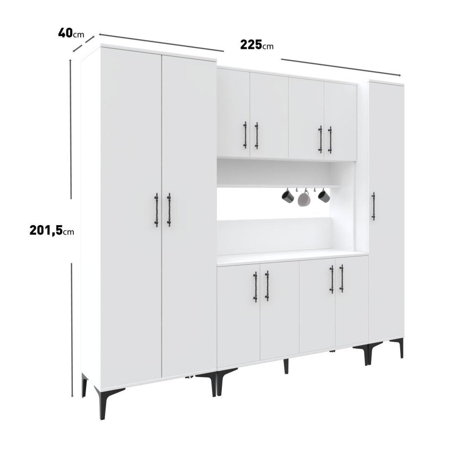 Şık ve fonksiyonel kahve köşesi dolabı, metal kulplu ve geniş saklama alanlı beyaz model
