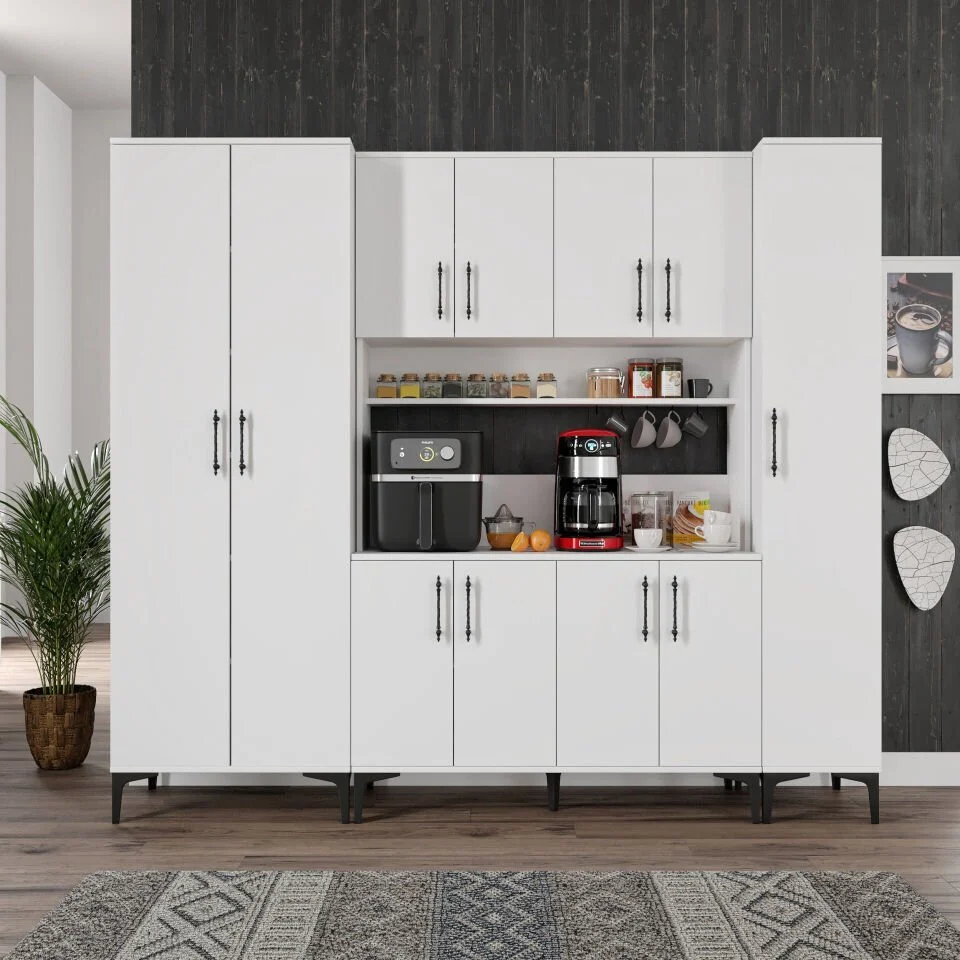 11 kapaklı beyaz kahve köşesi dolabı, metal ayaklı ve metal kulplu, çok amaçlı saklama dolabı