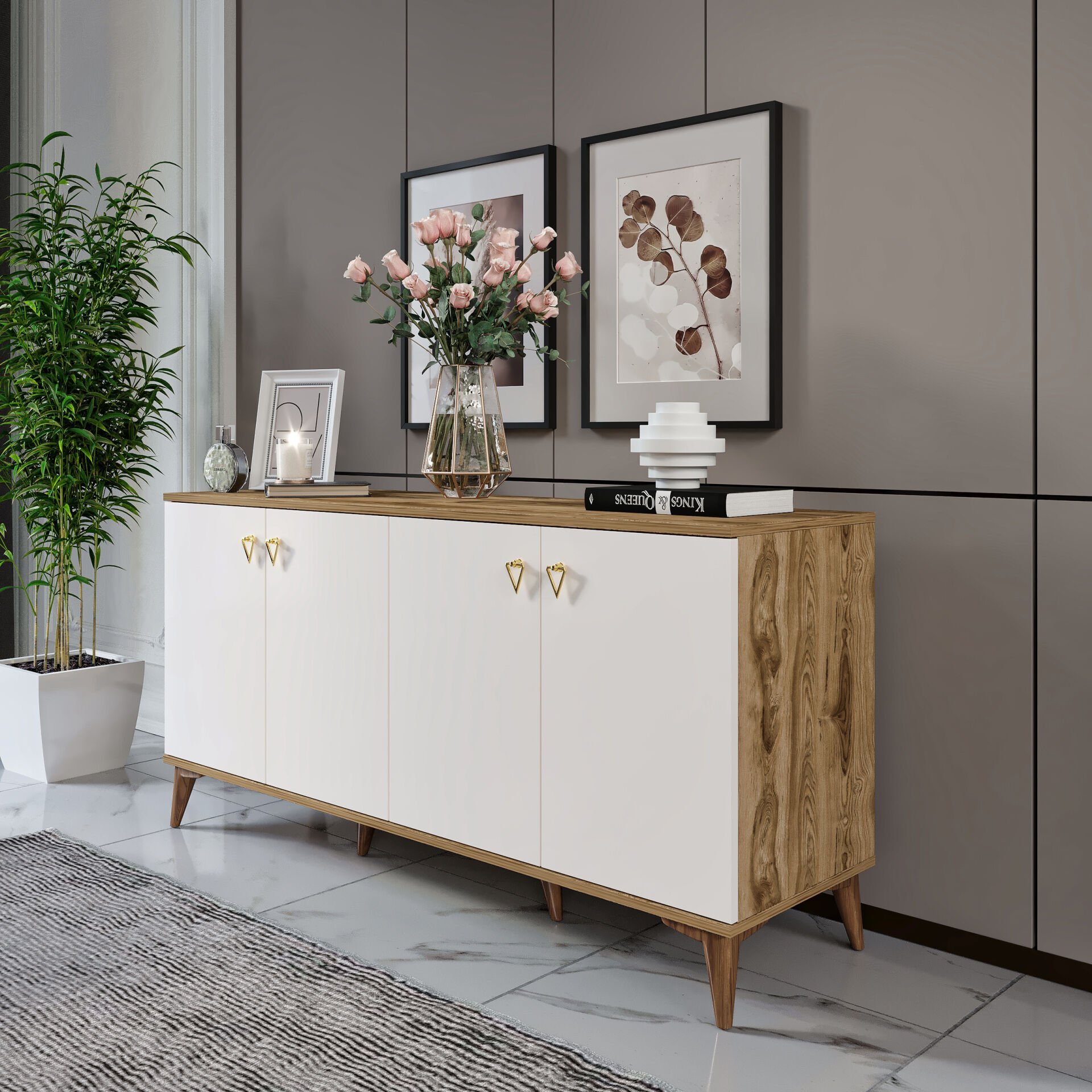 Simple Konsol Ekru Ceviz - Modern 4 Kapaklı Şık Depolama Konsolu