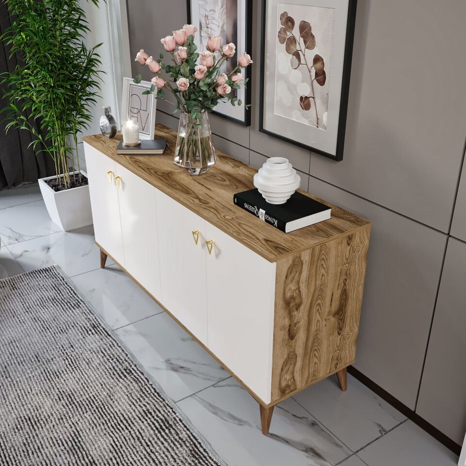 Simple Konsol Ekru Ceviz - Modern 4 Kapaklı Şık Depolama Konsolu