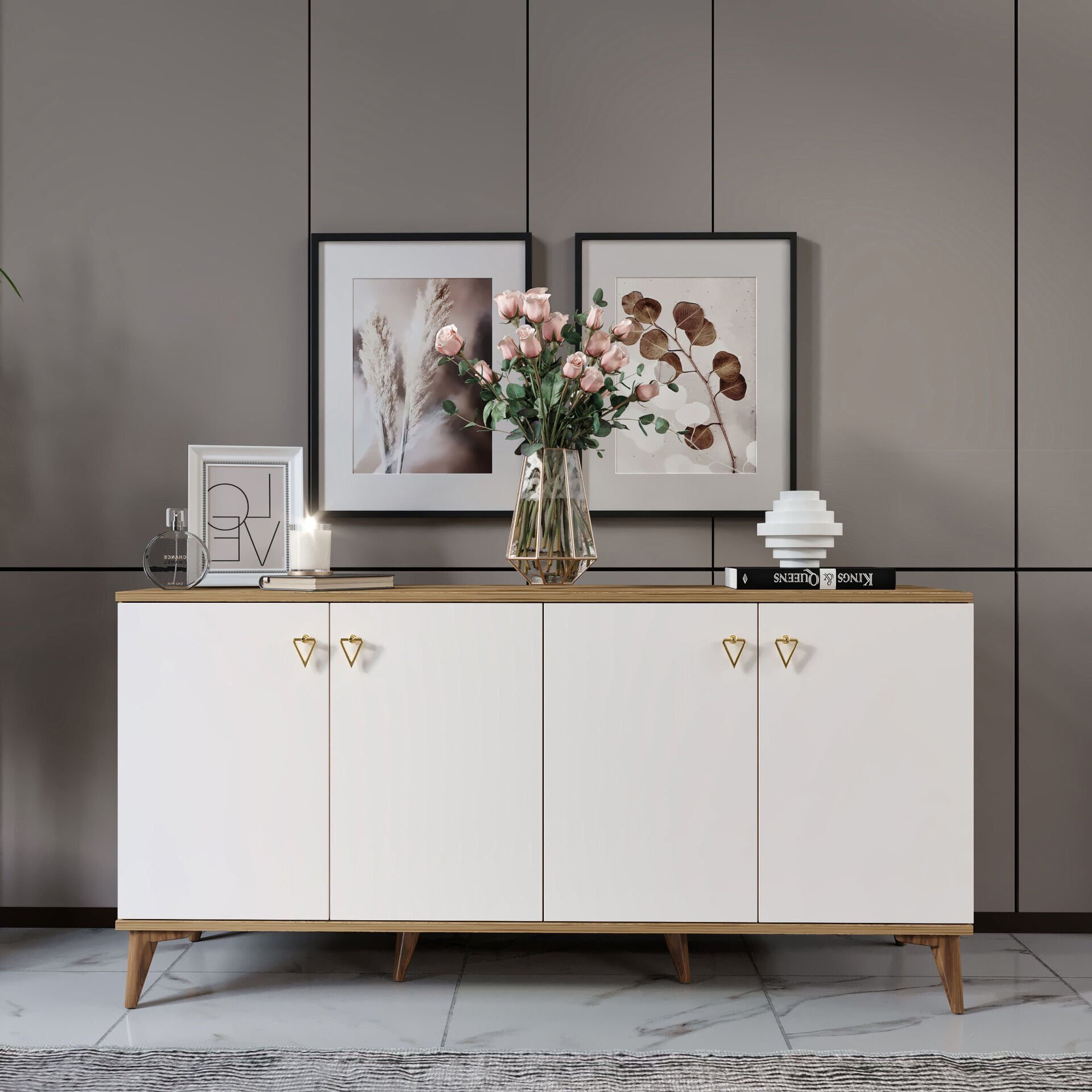 Simple konsol ekru ceviz modern 4 kapaklı depolama konsolu