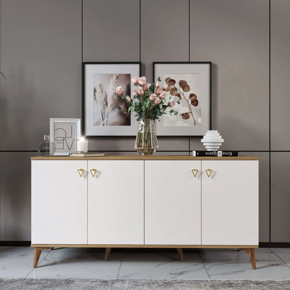 Simple konsol ekru ceviz modern 4 kapaklı depolama konsolu