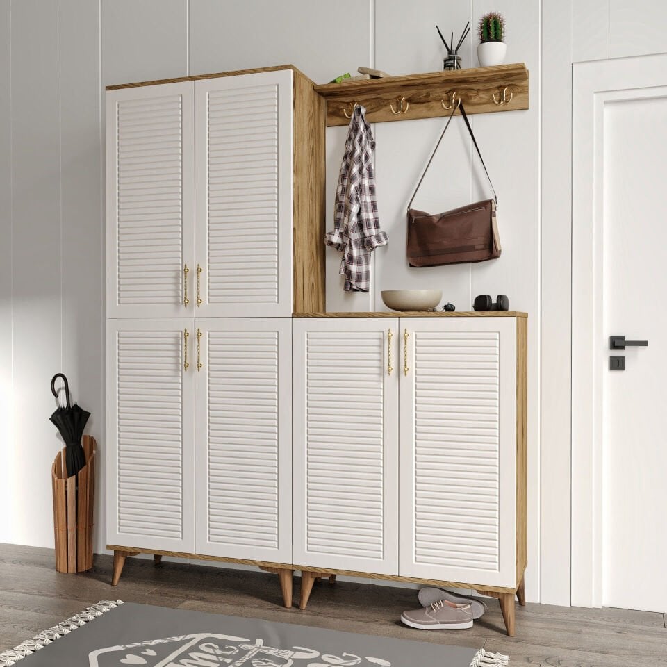 Ekru ceviz panjurlu portmanto ayakkabılık ve vestiyer modeli