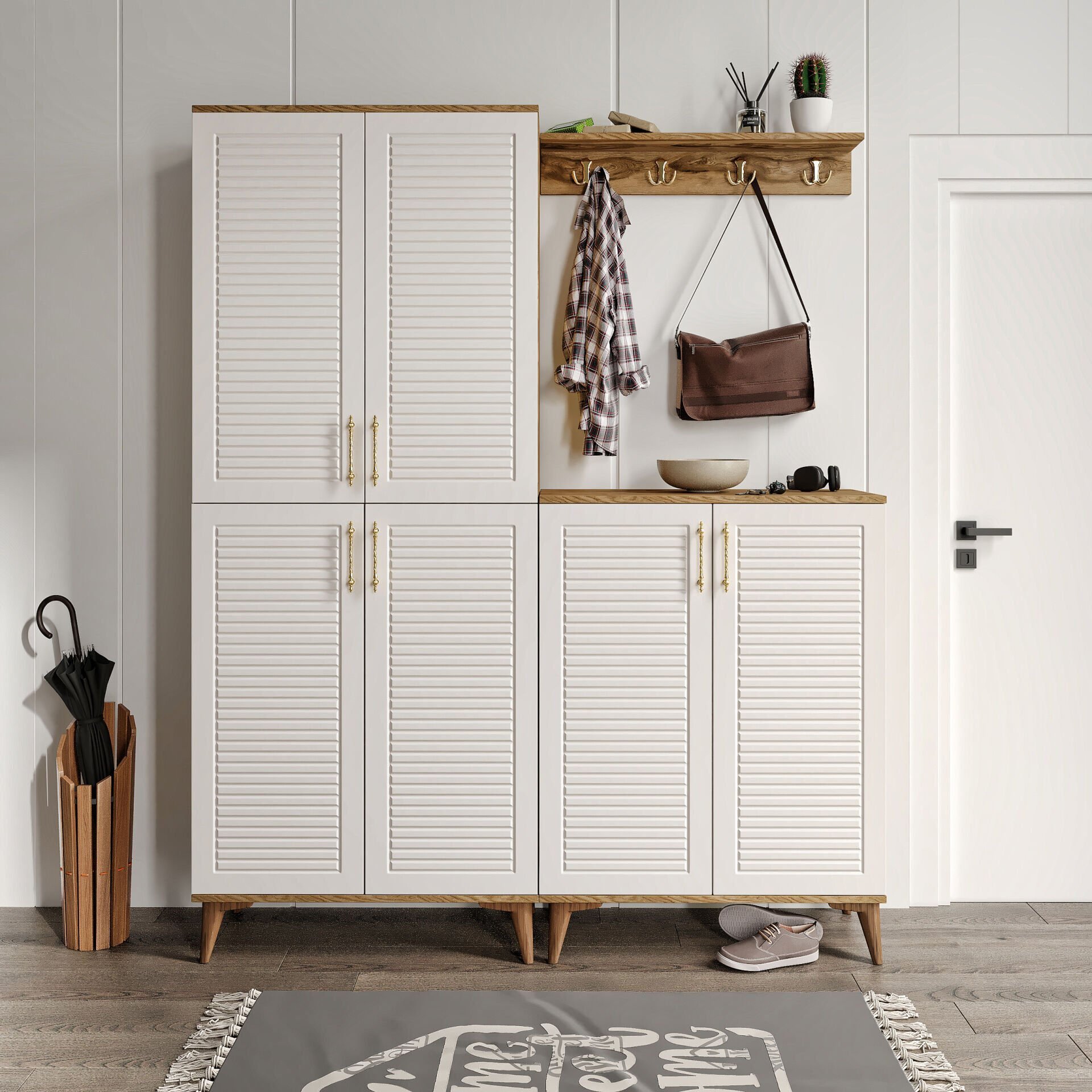 Panjurlu Metal Kulp portmanto vestiyer ekru ceviz — modern antre mobilyası