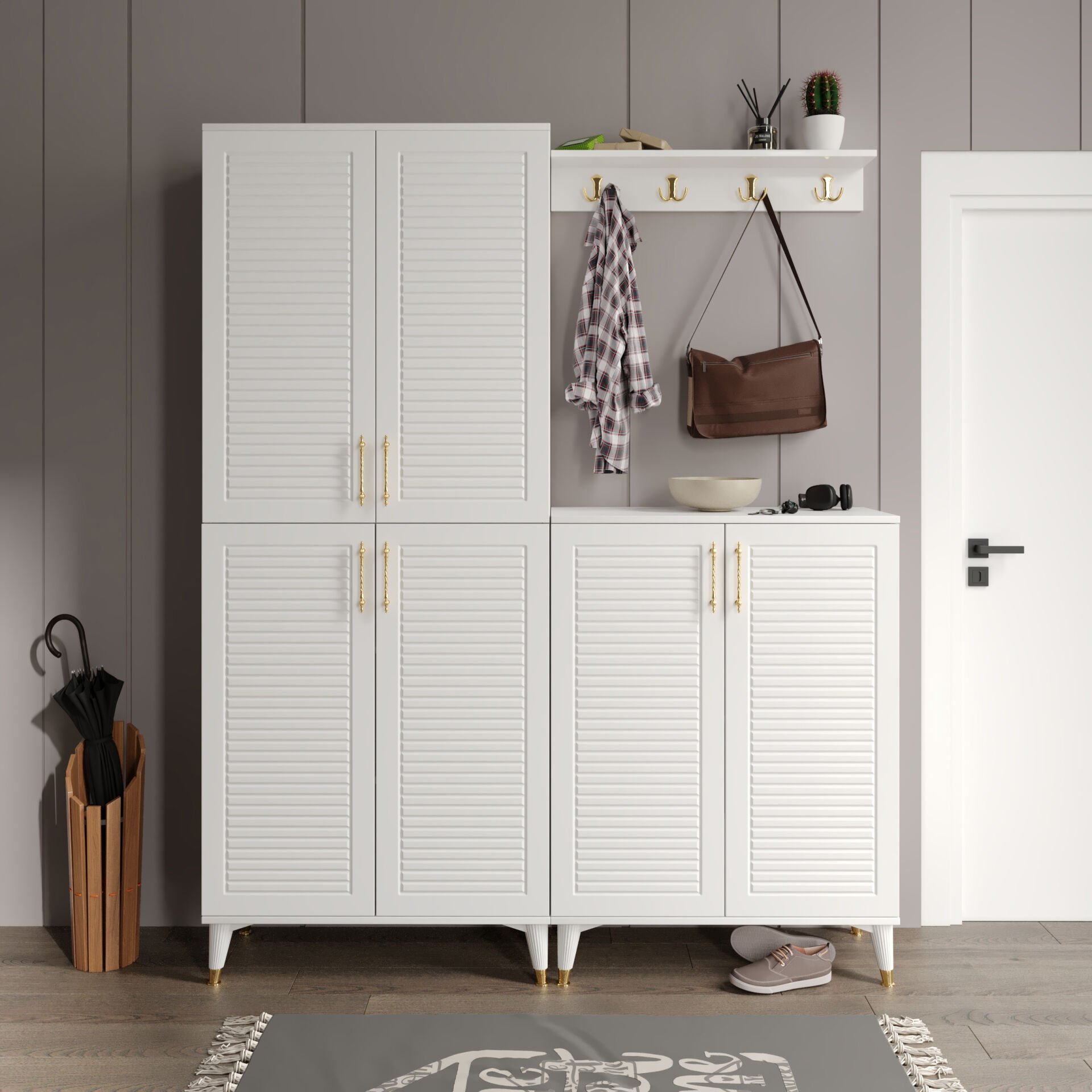 Panjurlu Metal Kulp portmanto vestiyer beyaz gold — modern antre mobilyası