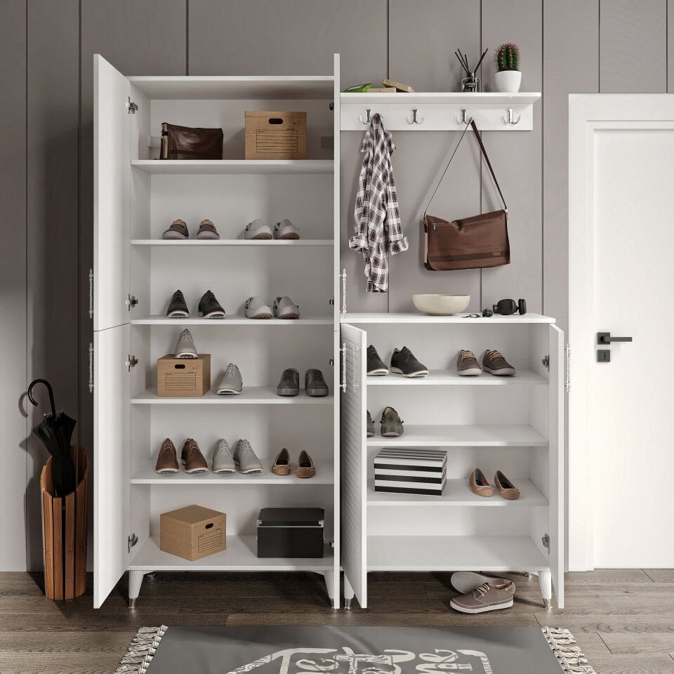 Fonksiyonel panjurlu portmanto vestiyer beyaz gümüş — geniş depolama alanı