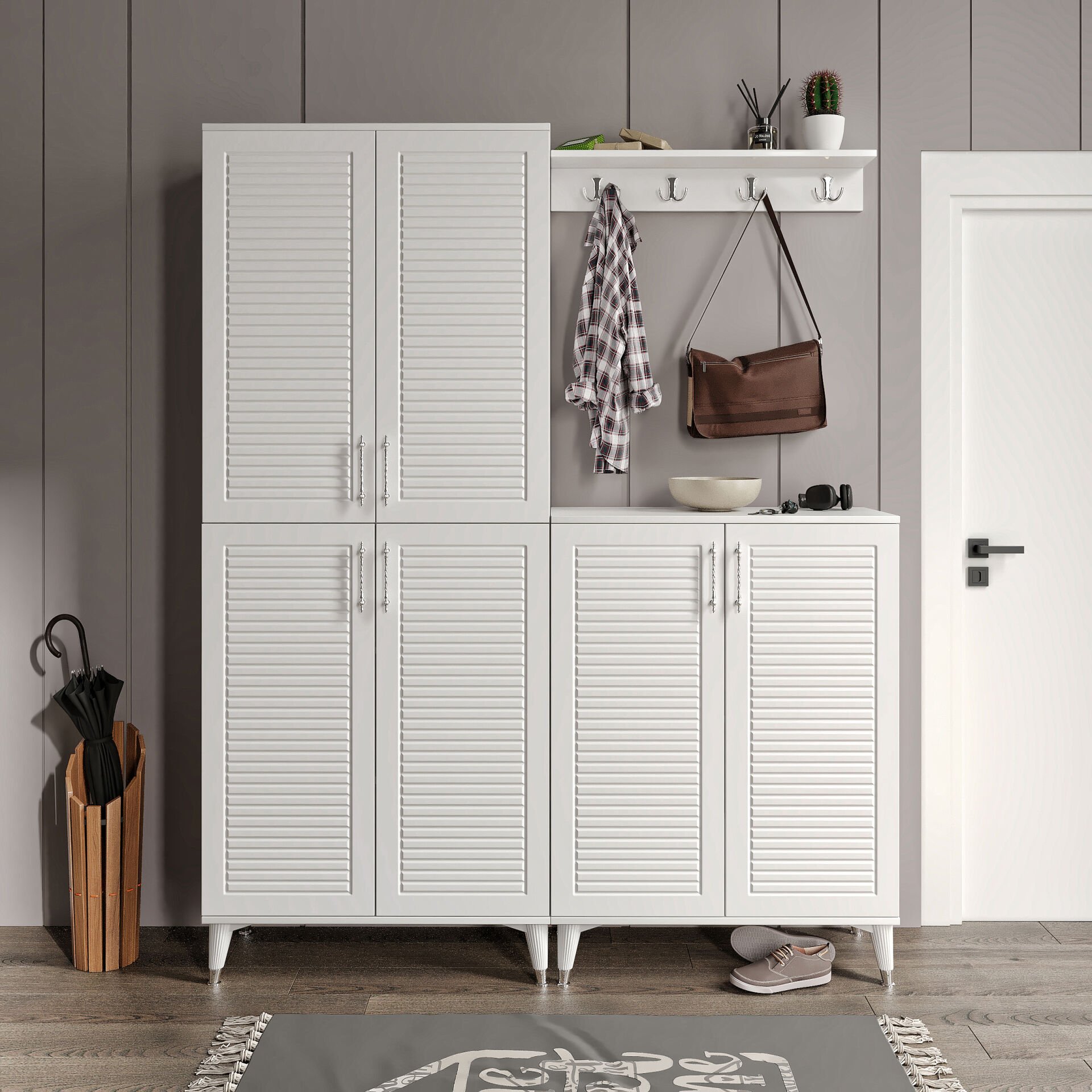 Panjurlu Metal Kulp portmanto vestiyer beyaz gümüş — modern antre mobilyası