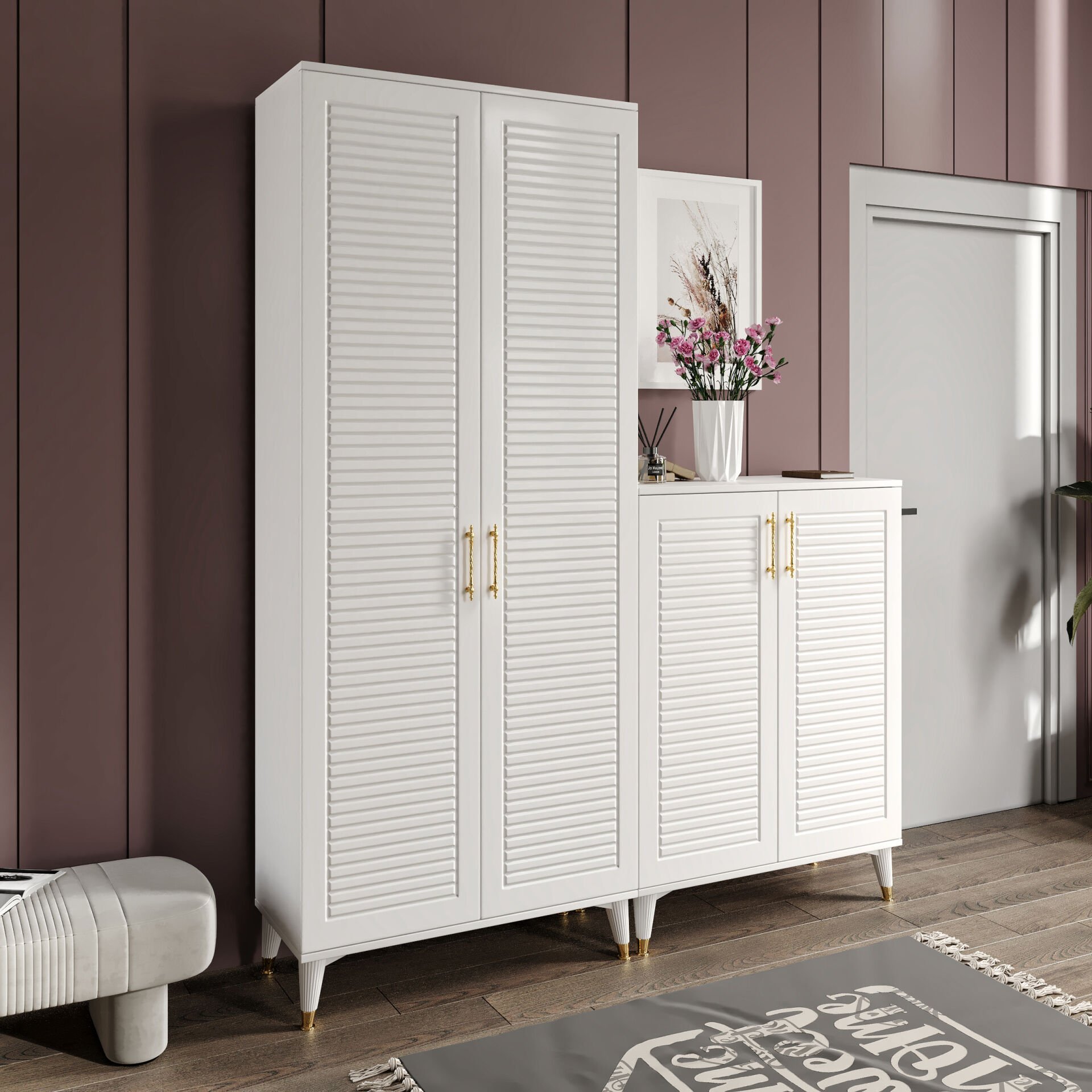 Panjurlu Metal Kulp Ask4190 Ayakkabılık Portmanto Vestiyer Beyaz Gold