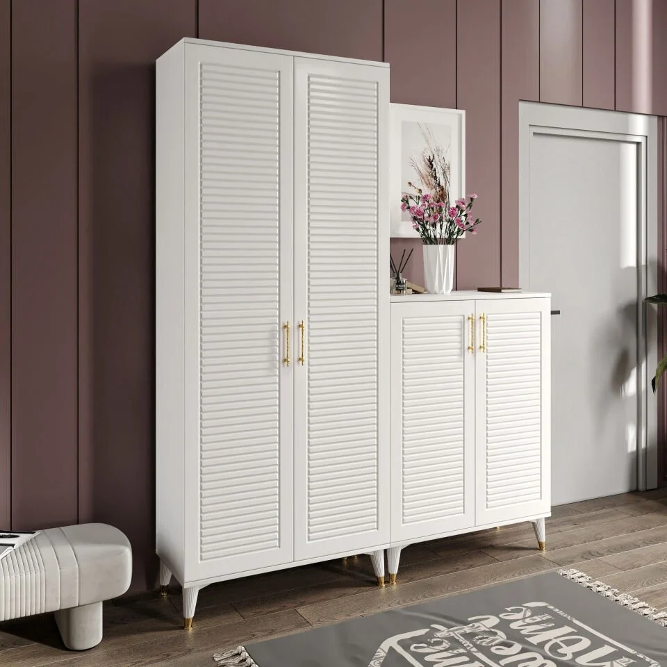 Panjurlu Metal Kulp Ask4190 Ayakkabılık Portmanto Vestiyer Beyaz Gold