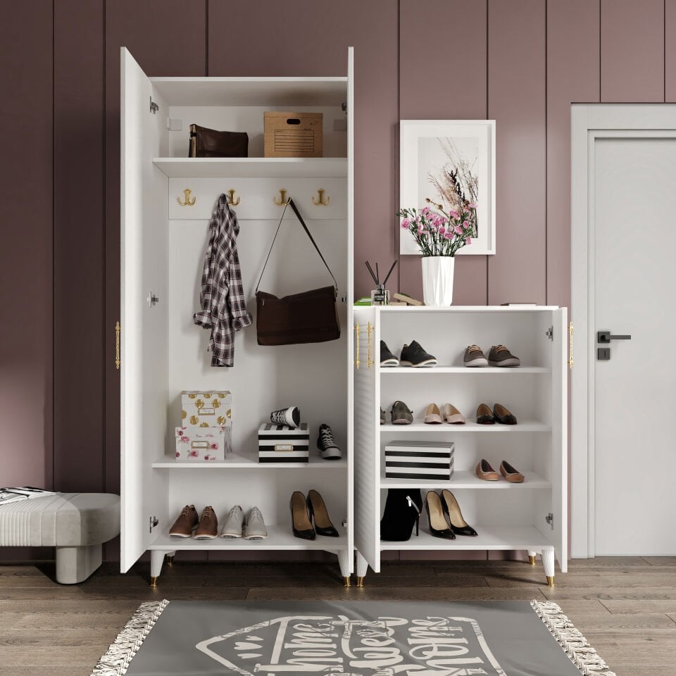 Panjurlu Metal Kulp Ask4190 Ayakkabılık Portmanto Vestiyer Beyaz Gold