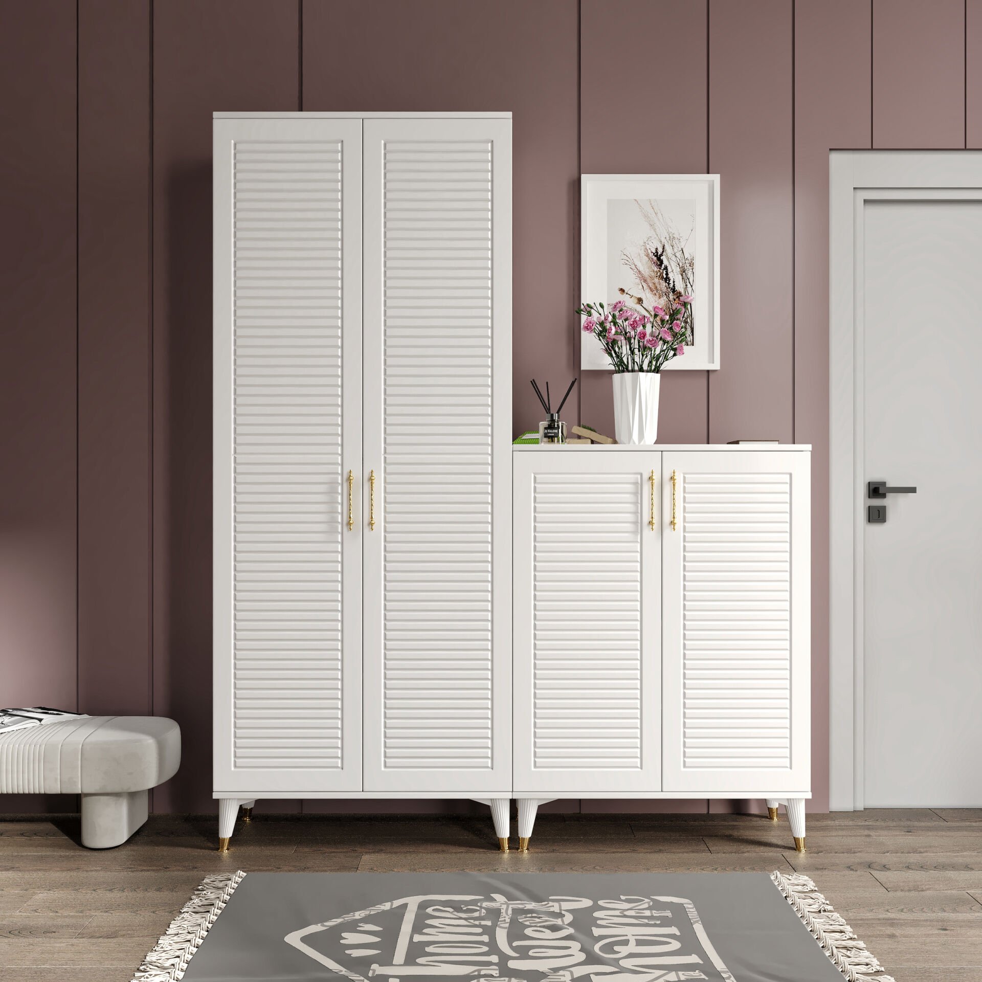 Panjurlu metal kulplu ASK4190 ayakkabilik portmanto vestiyer beyaz-gold renkli modern tasarım