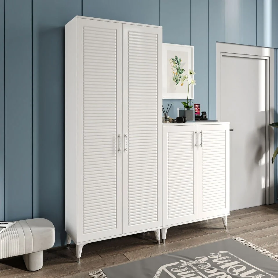 Panjurlu Metal Kulp Ask4190 Ayakkabılık Portmanto Vestiyer Beyaz Gümüş