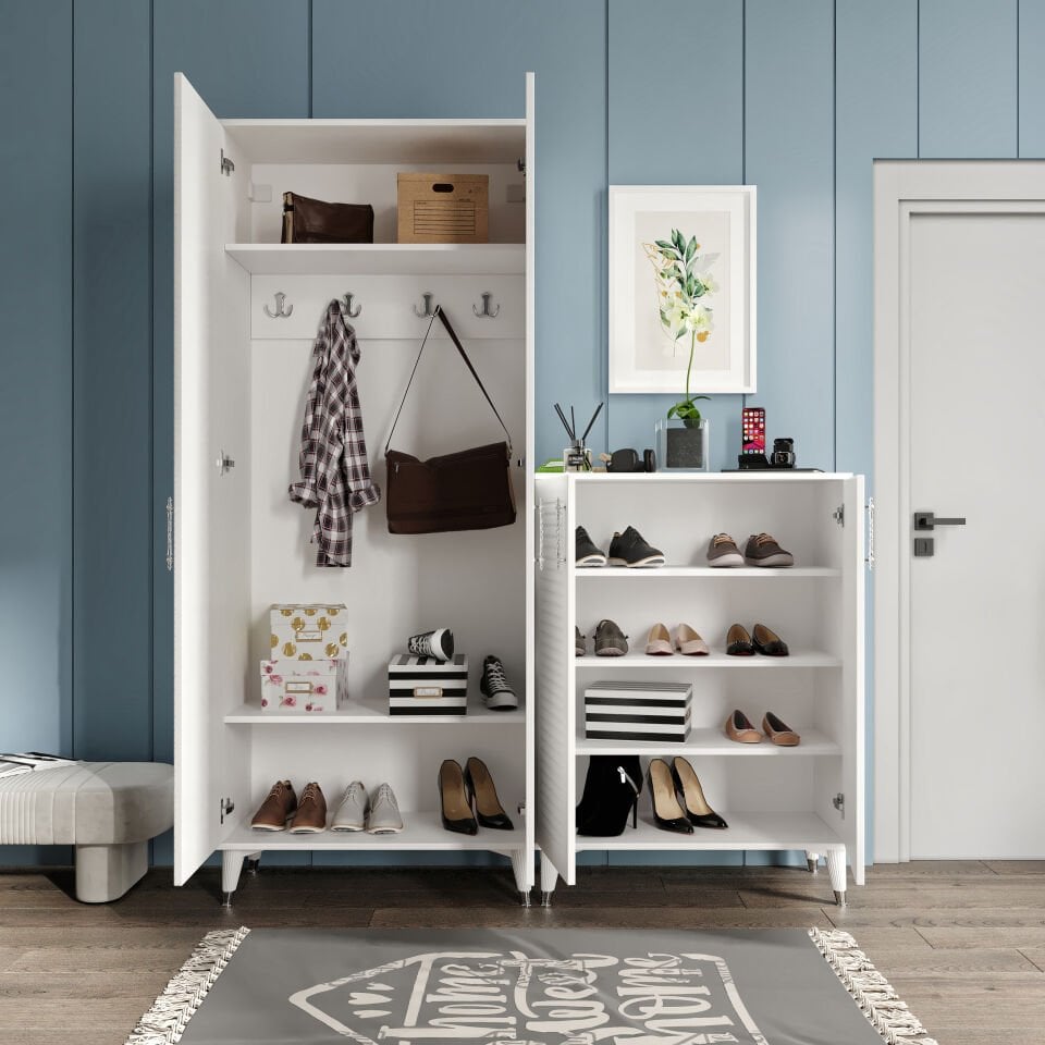 beyaz gümüş renkli ASK4190 ayakkabilik antre vestiyer saklama çözümü