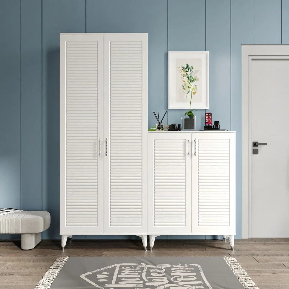 Panjurlu 4 Kapaklı Ayakkabılık / Portmanto  ASK4190  - Beyaz Gümüş