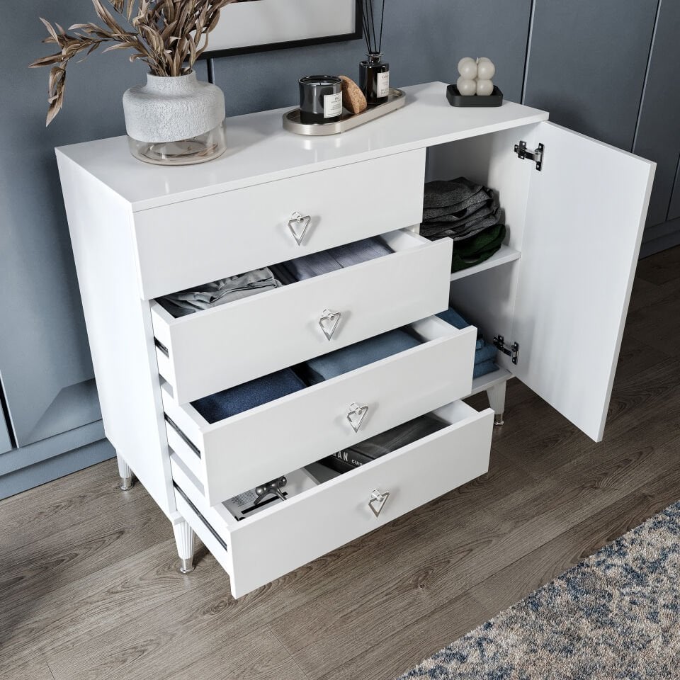 Simple 4 Çekmeceli 1 Kapaklı Modern Şifonyer Beyaz Gümüş