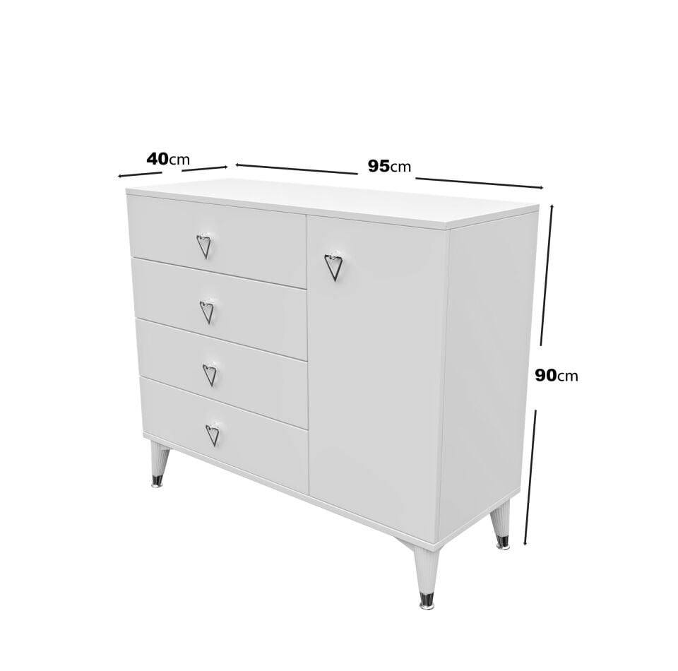 Simple 4 Çekmeceli 1 Kapaklı Modern Şifonyer Beyaz Gümüş