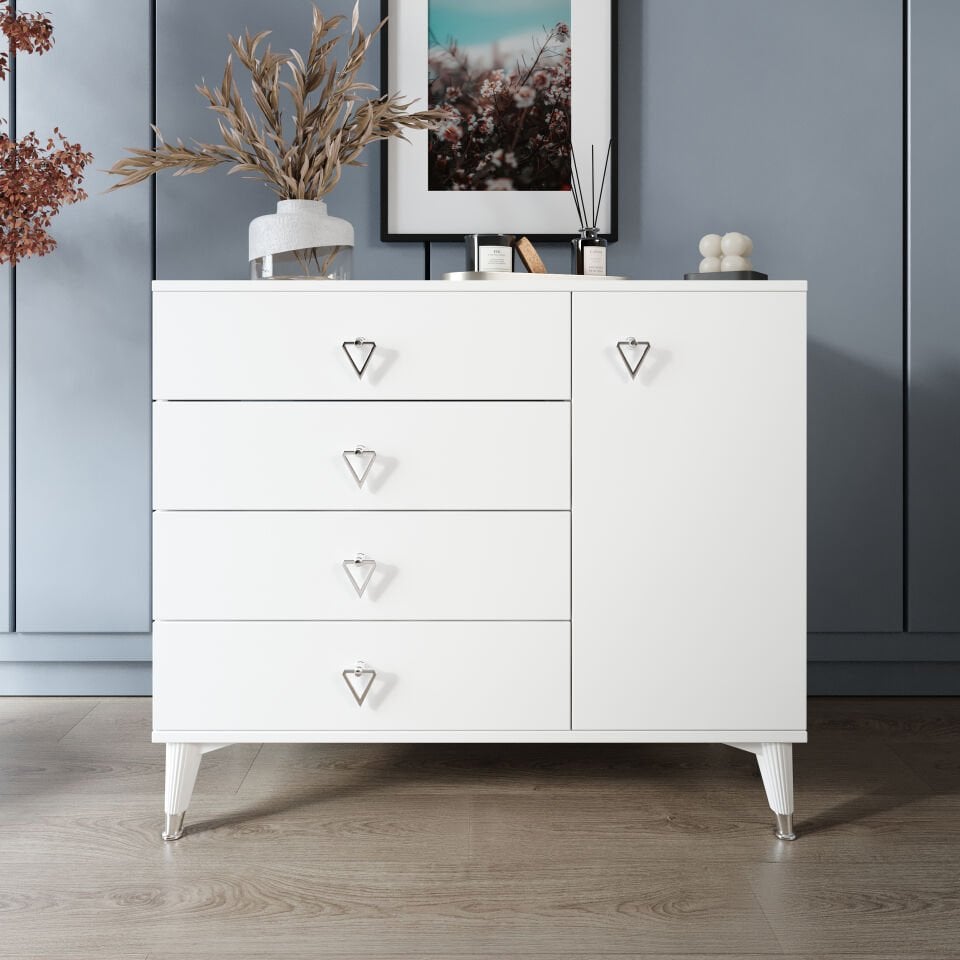 Simple 4 Çekmeceli 1 Kapaklı Modern Şifonyer Beyaz Gümüş