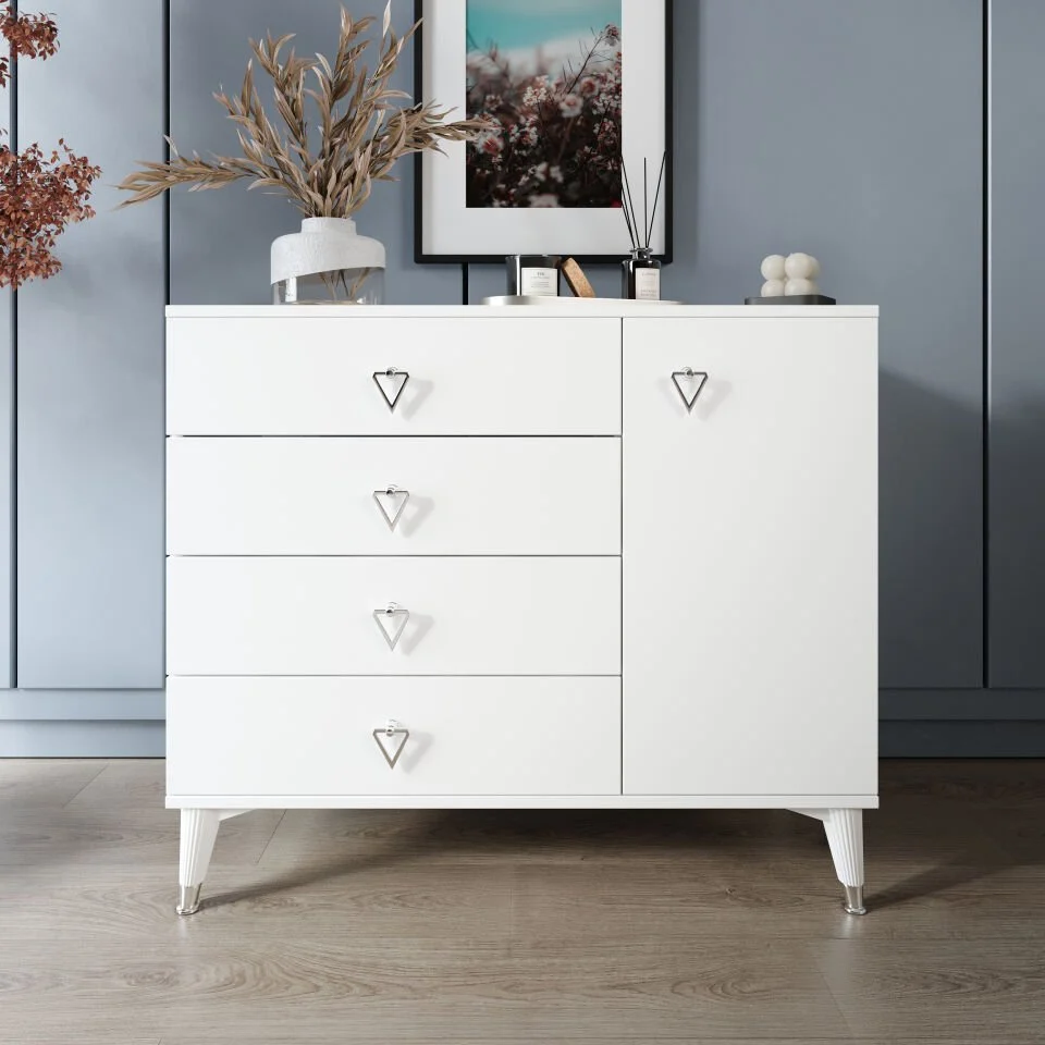Simple 4 çekmeceli beyaz gümüş şifonyer modeli
