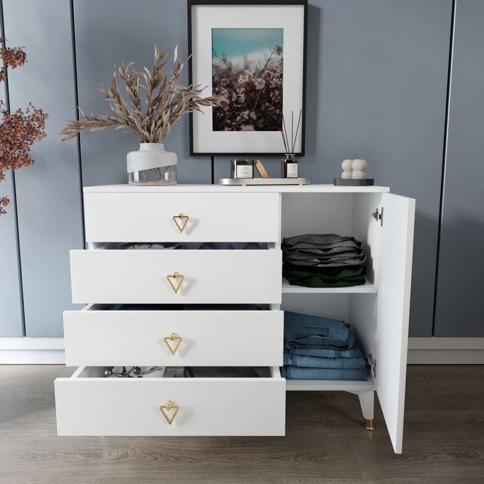 Modern tasarımlı simple beyaz gold şifonyer