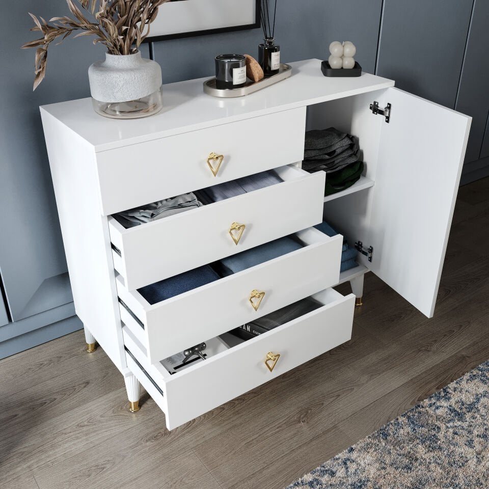 Simple 4 Çekmeceli 1 Kapaklı Modern Şifonyer Beyaz Gold