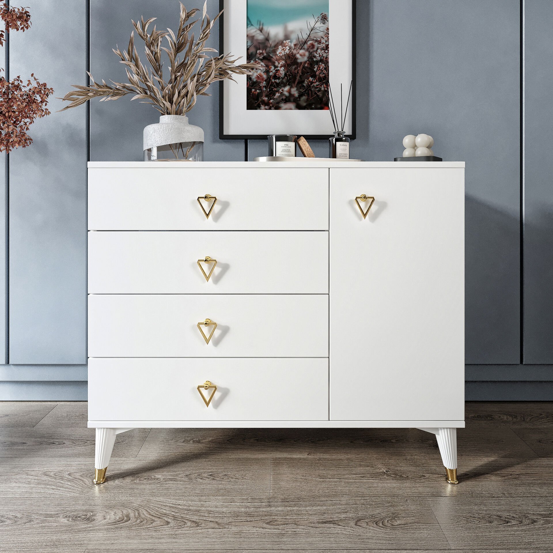 Simple 4 Çekmeceli 1 Kapaklı Modern Şifonyer Beyaz Gold