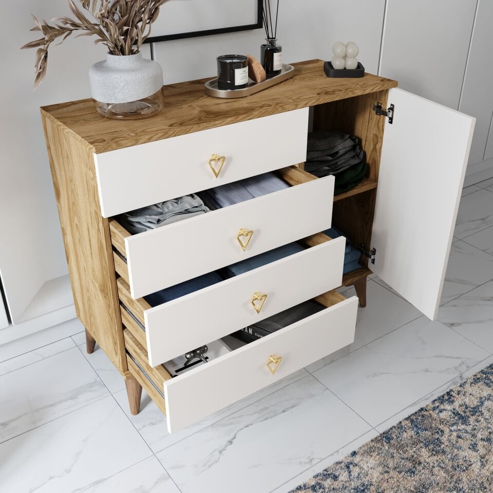 Çekmece detaylı simple ekru ceviz şifonyer