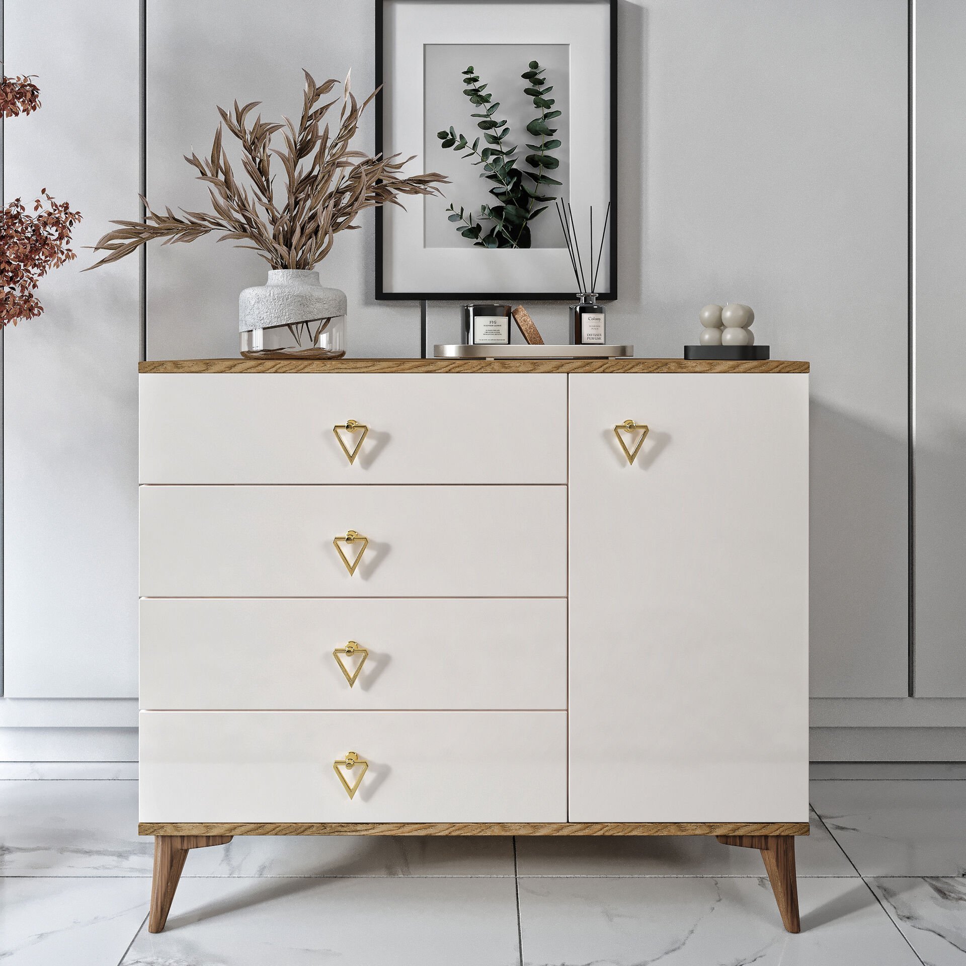 Simple 4 Çekmeceli 1 Kapaklı Modern Şifonyer Ekru Ceviz