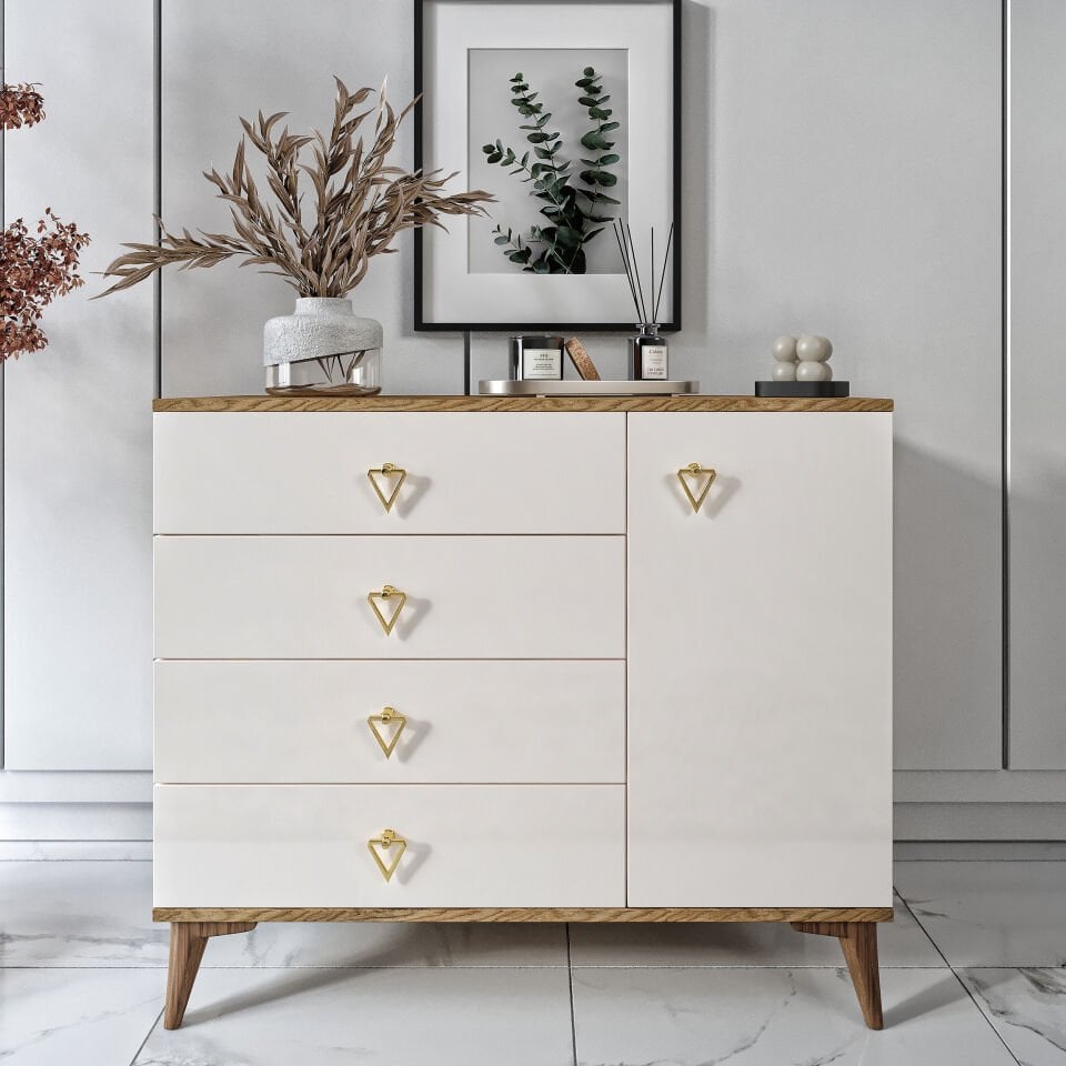 Simple 4 Çekmeceli 1 Kapaklı Modern Şifonyer Ekru Ceviz